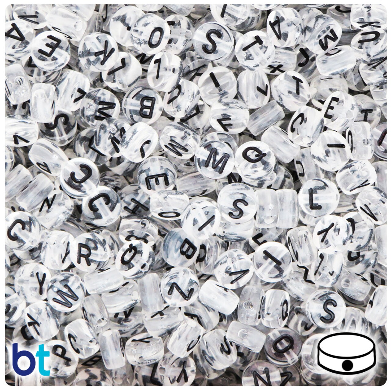 BeadTin Clear Transparent 7mm Coin Plastic Alpha Beads - Black Letter Mix (250pcs)